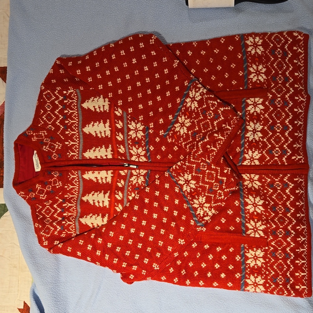 COLDWATER CREEK NWOT, Red Tamarack Sweater Jacket, full-zip,  Large Petite,  🎄